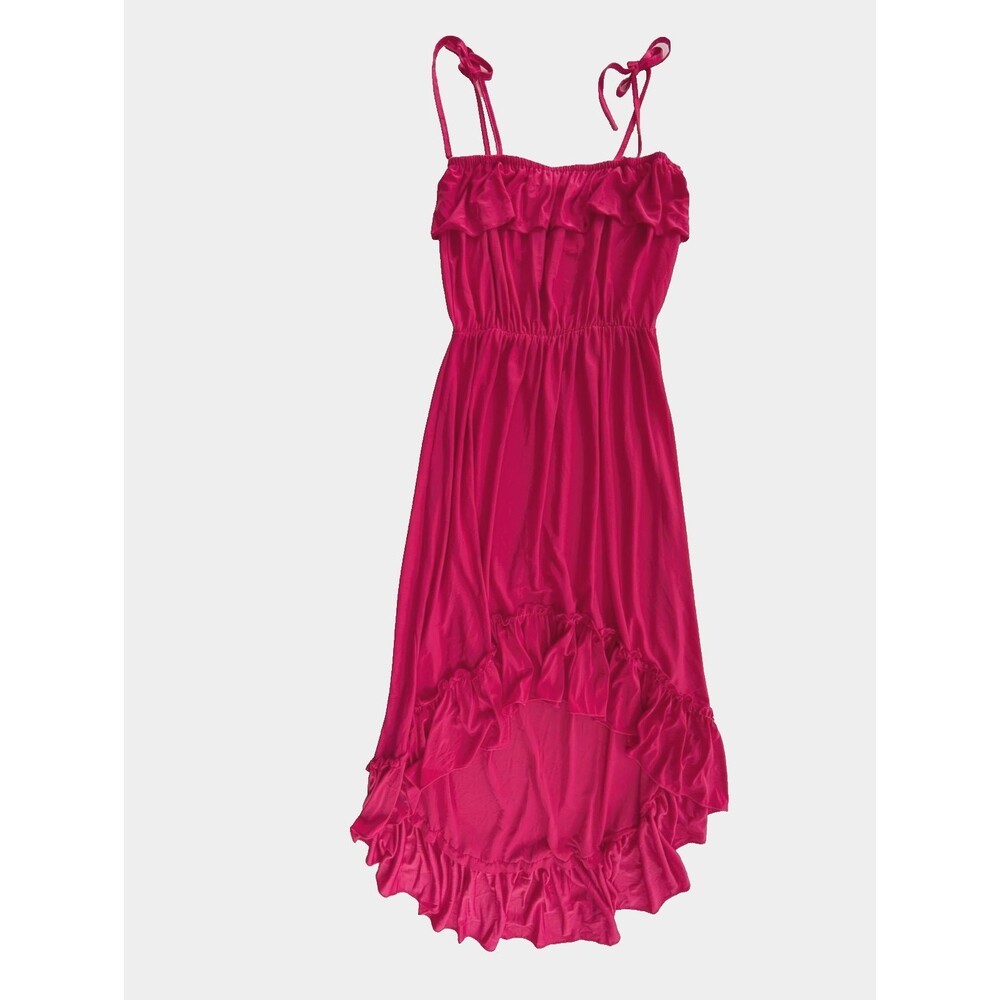 Andrade Honolulu Hot Pink High Low Ruffle Tie Strap Midi Dress Women's L RARE